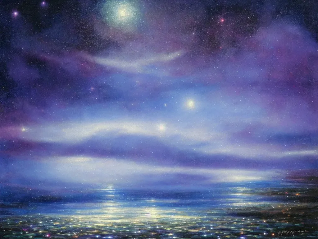 Image similar to a beautiful magical moonlit blue and purple landscape full of ethereal sparkling glowing blue lights with a beautiful galaxy sky and a glistening glittery ocean, soft lighting, ultra high detail, oil on canvas, HD, by Gilbert Williams