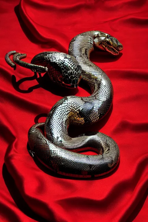 Image similar to chrome ornated african snake statue layed on a red silk fabric, by hedi xandt and antonio corradini, macabre art, dark surrealism, epic and cinematic view, volummetric light, texturized, detailed, 8 k