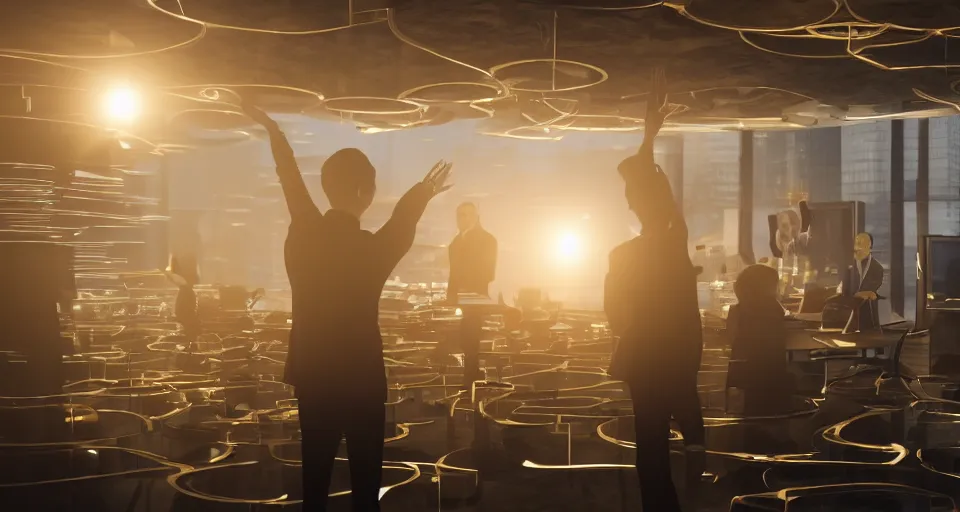 Image similar to Dramatic photo of a CEO waving to a large group of his coworkers in a futuristic office. Golden coins are levitating all around them. 8k, high detail, trending on Artstation, volumetric lighting, cyberpunk