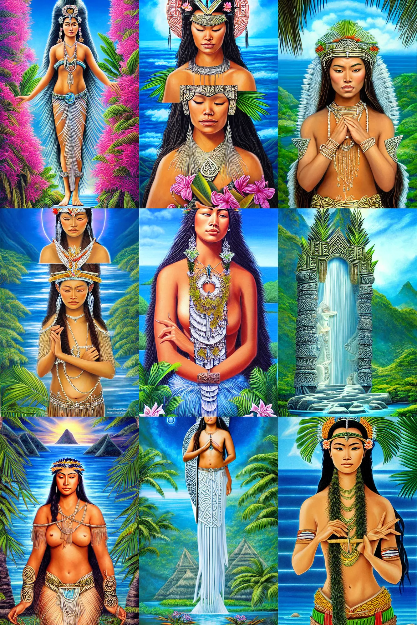 Prompt: polynesian peace goddess, crystal clear fertile lemuria architectural marvels, crisp realistic fantasy art painting