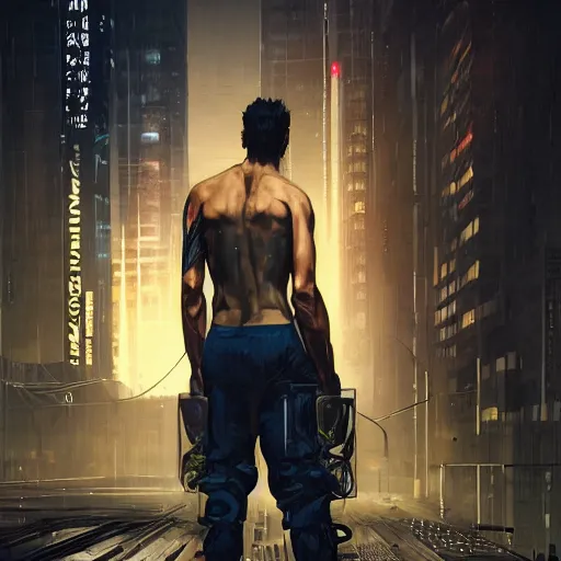 Prompt: A broad shouldered, muscular man in an Acronym techwear outfit, Acronym P31-ds pants, high quality, digital art, dire cyberpunk city, gray sky, neon signs in background, greg rutkowski