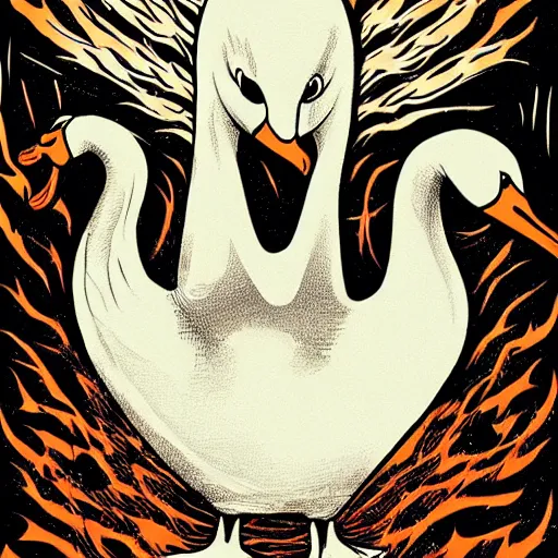 Prompt: evil swan, gritty horror illustration, highly detailed and disturbing