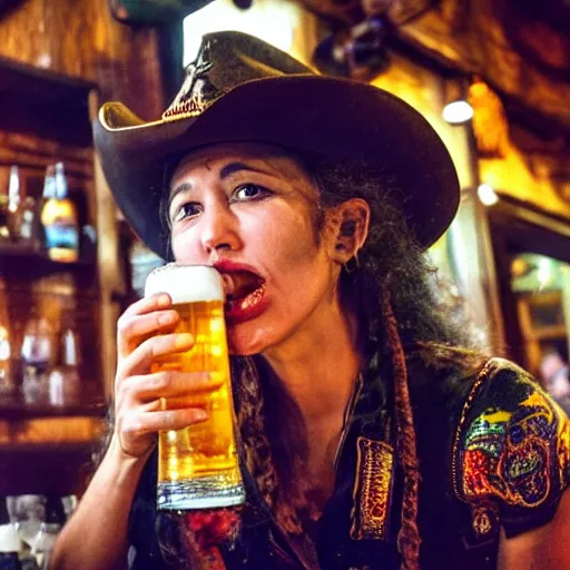 Prompt: a female mi'qote drinking a beer in a saloon from the far west. she is wearing a cowboy outfit