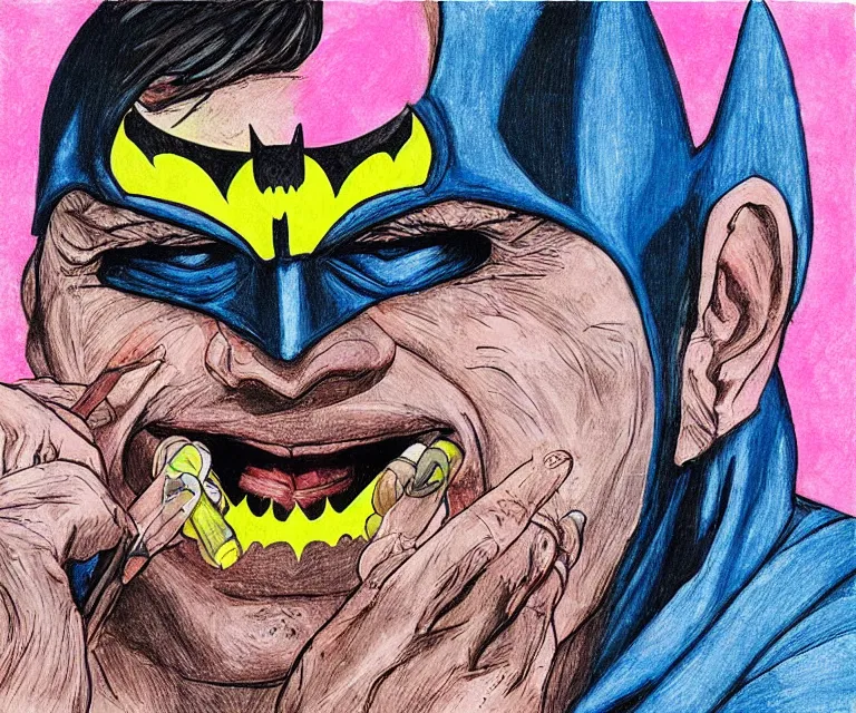 Image similar to “ happy treacher collins batman eating crayons in mouth, photorealistic, hyperrealism, 8 k, mixed - media, extra limbs ”