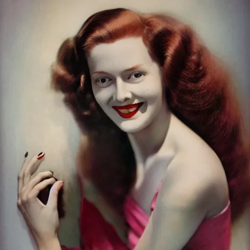 Image similar to tall, lithe woman, soft red hair, fair skin, normal rockwell, 1 9 4 0's, liberty curls, flushed cheeks, pink lips, beautiful smile, full body portrait, posing