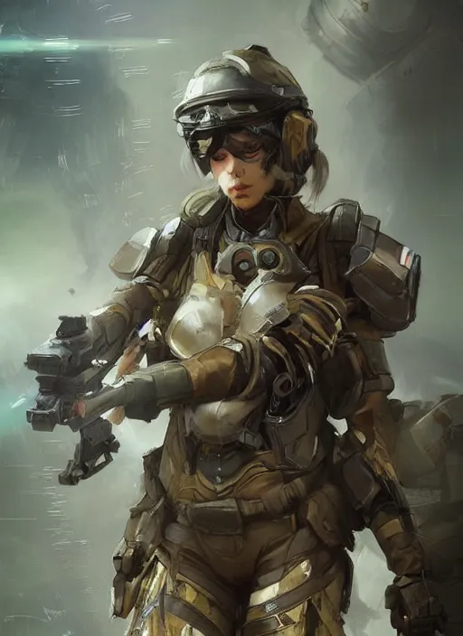 Prompt: of a beautiful sniper girl in war, with futuristic gear and helmet, portrait by ruan jia and ross tran, detailed, epic video game art, warm color tone