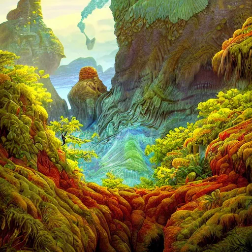 Image similar to digital painting of a lush natural scene on an alien planet by gerald brom. digital render. detailed. beautiful landscape. colourful weird vegetation. cliffs and water.