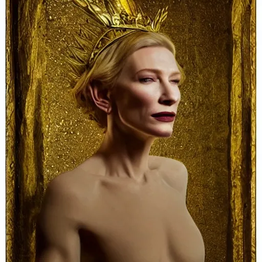 Image similar to Portrait cate blanchett ancient biblical, sultry, sneering, evil, pagan, wicked, queen jezebel, wearing gilded ribes, highly detailed, painting
