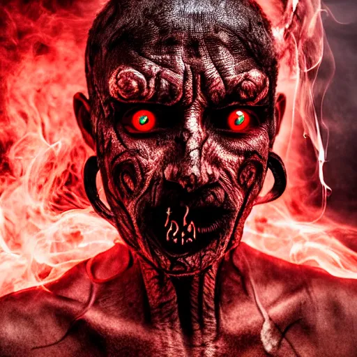 Image similar to demon man with smoke pouring out of his eyes, intricate patterns on skin, portrait, ominous, evil, glowing red eyes