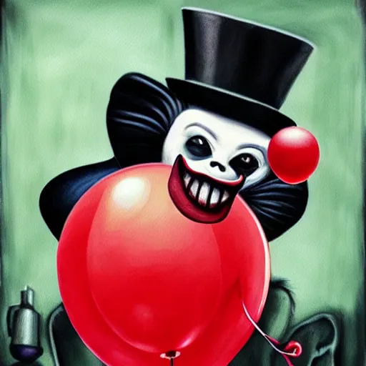 Prompt: grunge cartoon painting of an ape with a top hat with a wide smile and a red balloon by chris leib, loony toons style, pennywise style, horror theme, detailed, elegant, intricate