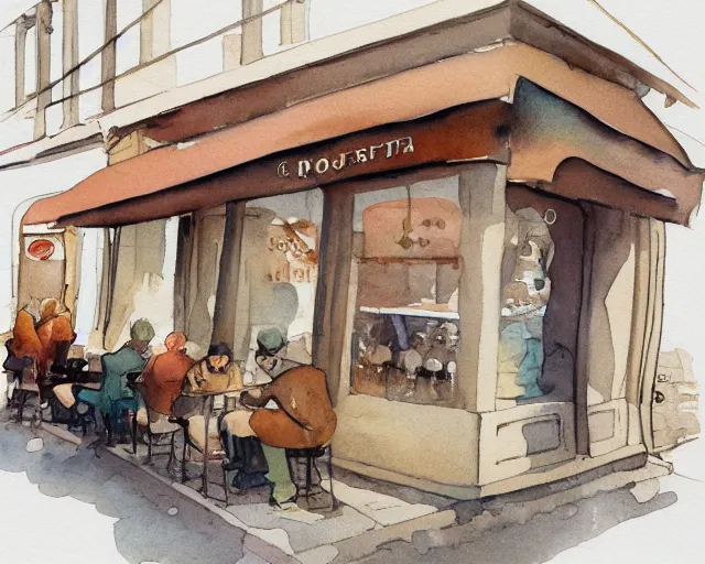 Image similar to a coffee shop smooth light color watercolor illustration by dziuba evgeniya trending on artstation