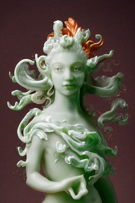 Prompt: a closeup photo, rococo alabaster and jade real delicate ceramic porcelain sculpture of an ornate detailed phoenix goddess in front of an intricate background by rafael, micro detail, backlit lighting, subsurface scattering, translucent, thin porcelain, emerald, jade, octane renderer, colorful, physically based rendering, trending on cgsociety