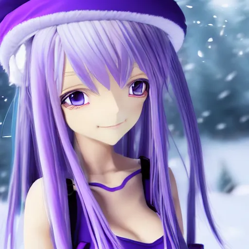 Prompt: Foreground: Render of a very beautiful 3d anime girl, elf girl, full body, long silver hair purple tips, azure blue eyes, full round face, short smile, cute dress, in snow, medium shot, mid-shot, cinematic lightning, high detail, artstation; Background: detailed low poly wallpaper, vibrant colors, HDR, hd, uhd, 4k, 8k wallpaper