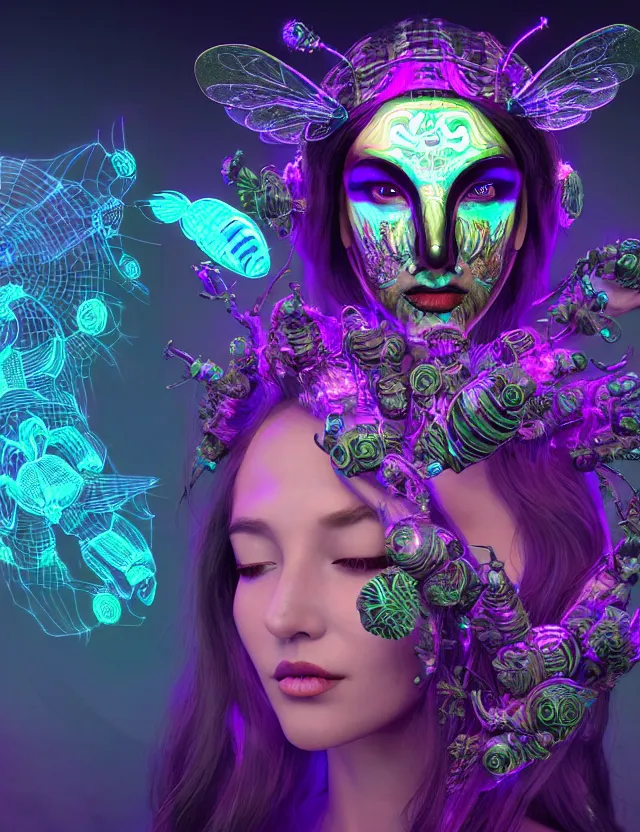 Image similar to 3 d goddess medium shot portrait with hyperdimensional mycorrhizal implants. beautiful intricately detailed avante garde bee mask and retrowave sorceress outfit. glowing bio luminescent, water, pulse projections, creature, artwork by tooth wu and wlop and android jones and beetle and greg rutkowski