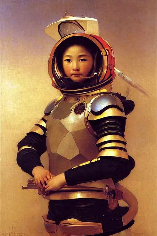 Image similar to portrait of a tiger astronaut with chinese dragon armor and helmet, majestic, solemn, by bouguereau