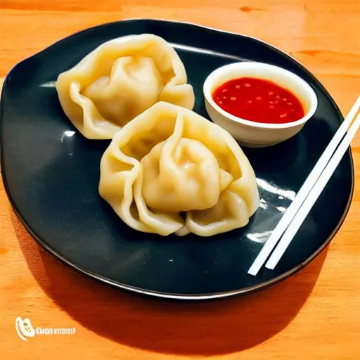 Image similar to delicious dumplings with chilli sauce made by hayao miyazaki, ghibli art style