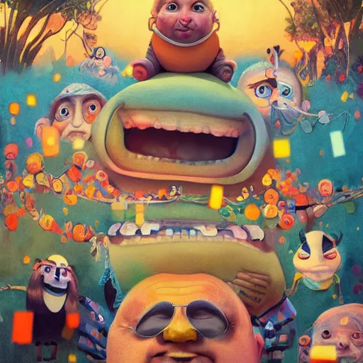 Image similar to Danny Davito, pixar cute, highly detailed, sharp focus, neon color, digital painting, floating particles, excitement, artwork by Jeremiah Ketner + Mati Klarwein + Fintan Magee + Chris Mars, background artwork by greg rutkowski