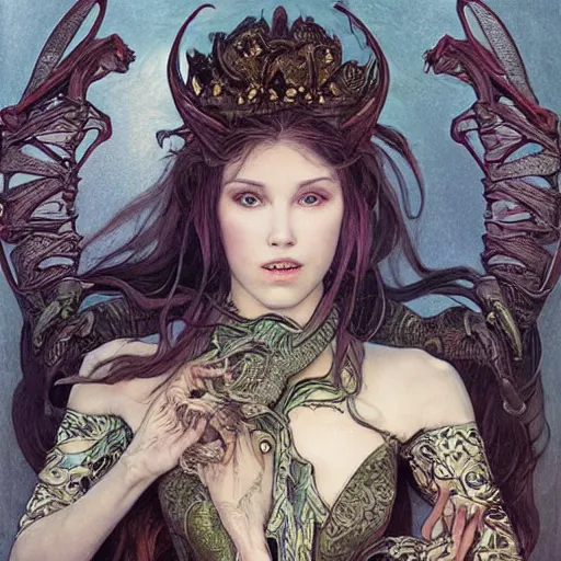 Prompt: portrait of the dragon queen by artgerm and H R Giger and alphonse mucha, Dragon in dragon lair, HD, full body dragon concept, flying dragon, Human body with dragon features, beautiful queen, perfect face, fantasy, intricate, elegant, highly detailed, digital painting, artstation, concept art, smooth, sharp focus, illustration, ray tracing, 4k realistic 3d rendered portrait, soft shading, soft colors, relaxed colors, hyperdetailed, wide angle lens, fantasy, futuristic horror, armor style of giger