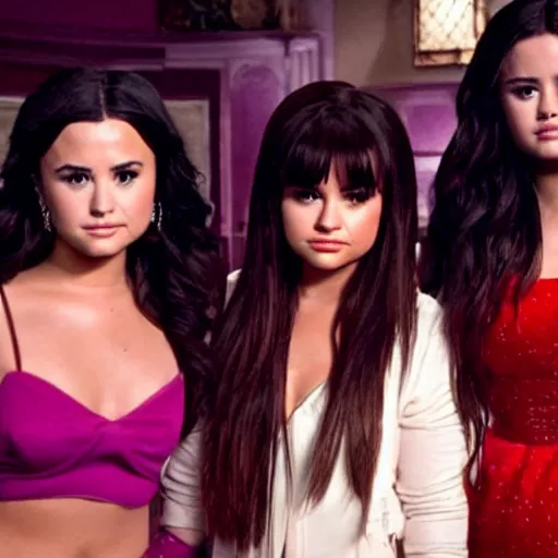 Image similar to Demi Lovato and Selena Gomez and Ariana Grande in a Charmed movie directed by Christopher Nolan, movie still frame, promotional image, imax 35 mm footage