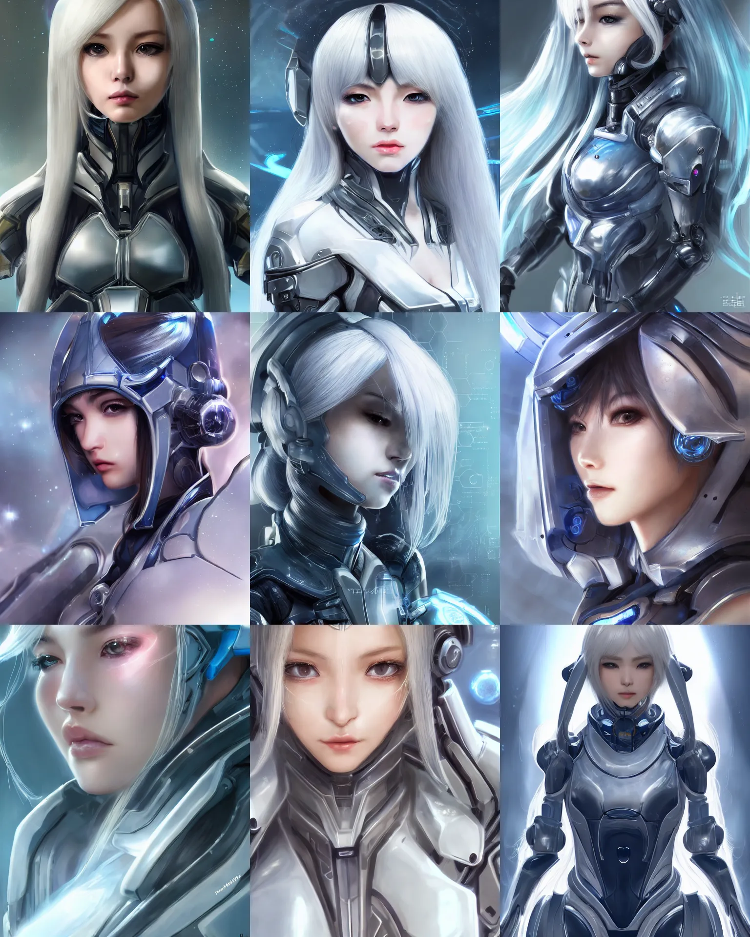 Image similar to detailed portrait of perfect android girl, warframe armor, beautiful face, scifi, futuristic, space station, laboratory, song hye - kyo, dreamy, long white hair, blue cyborg eyes, cinematic lighting, innocent, highly detailed, sharp focus, smooth, artstation, intricate, award winning, pure aura, divine, by akihiko yoshida