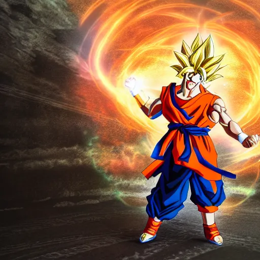 Prompt: goku, firing a kamehameha, fairy tale, stunning, surrounding cinematic light, hyper detailed, ornate and intricate, 4 k cinematic octane render