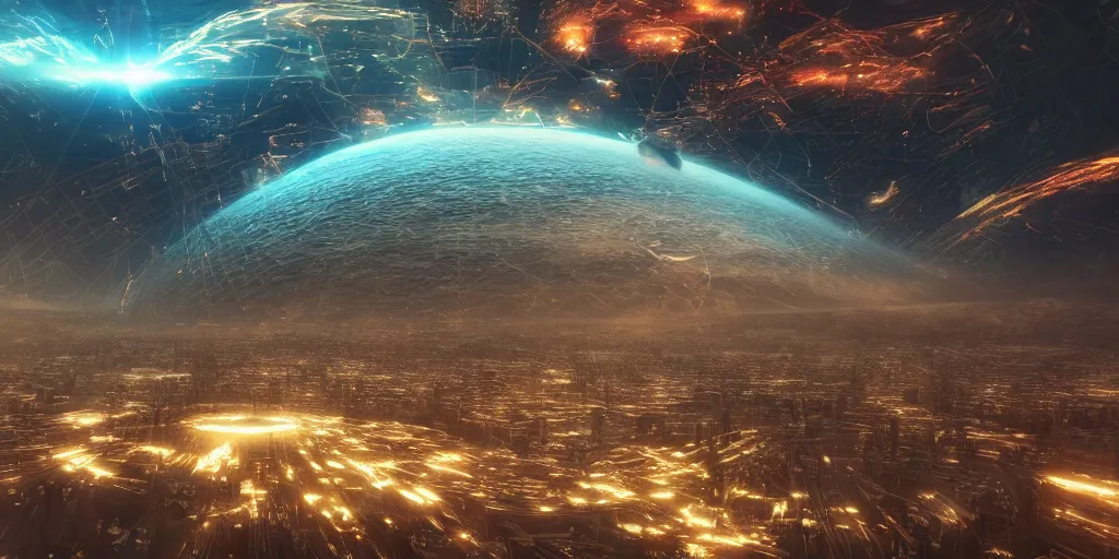 Image similar to Consciousness flooding into the intricate computer system from space, hi-tech, ascendance, cryptic, realistic 4k octane beautifully detailed render, 4k post-processing, highly detailed, intricate complexity, epic composition, magical atmosphere, cinematic lighting, masterpiece, ultra hd