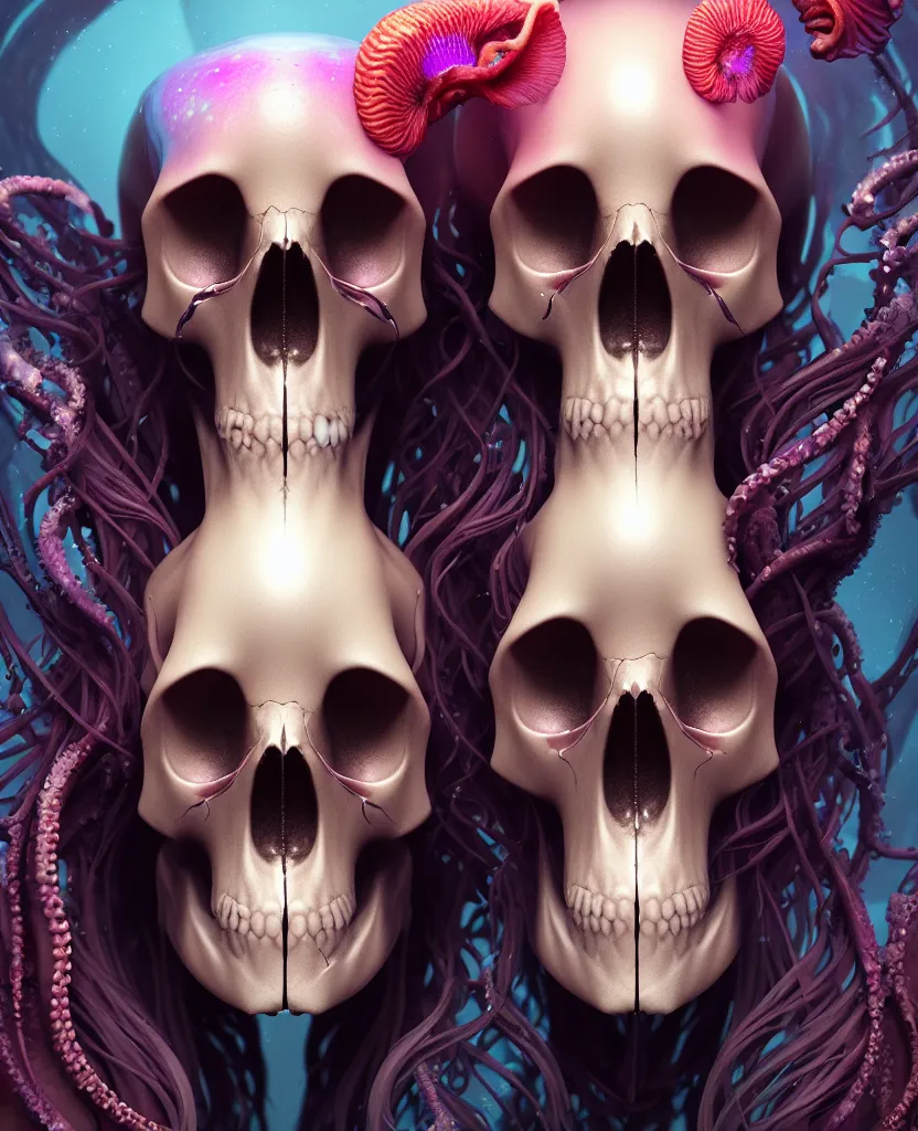 Image similar to goddess close - up portrait human skull, ram skull, squid phoenix jellyfish, orchid, betta fish, bioluminiscent, intricate artwork by tooth wu and wlop and beeple. octane render, trending on artstation, greg rutkowski very coherent symmetrical artwork. cinematic, hyper realism, high detail, octane render, 8 k