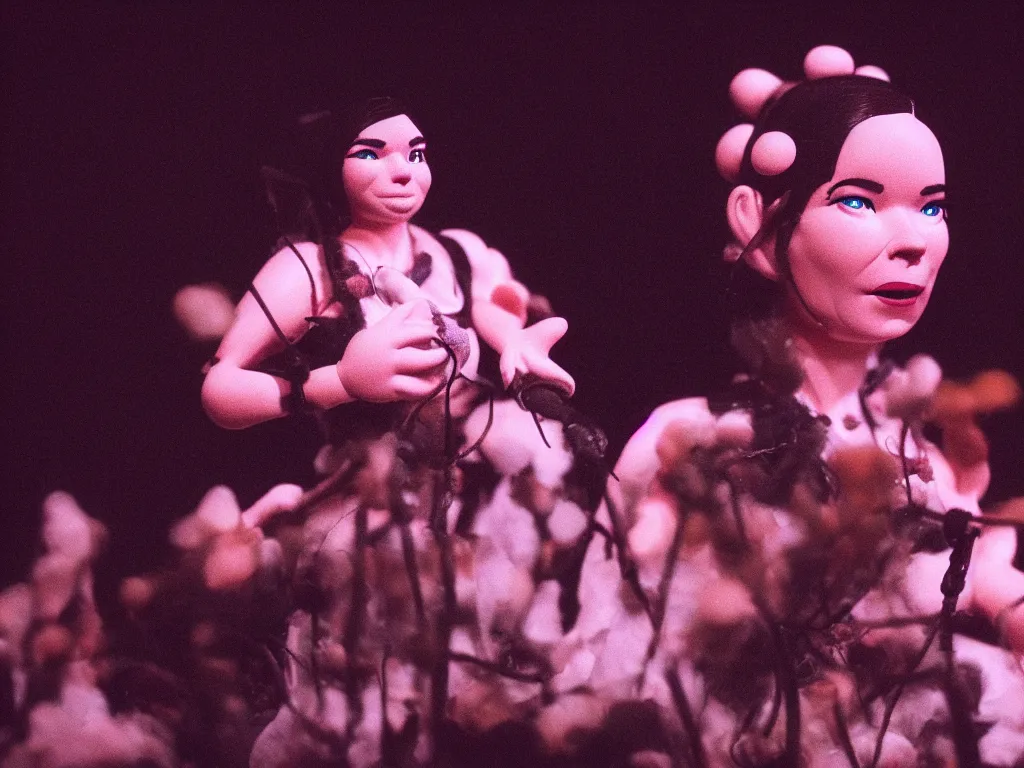 Image similar to a cinematic film still of a claymation stop motion film, bjork in concert, shallow depth of field, 8 0 mm, f 1. 8