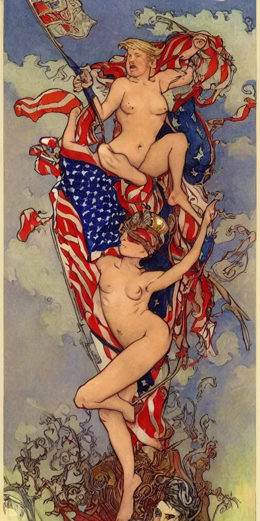 Image similar to donald trump as a sultry warrior sitting on top of an american flag cake, mucha meets norman lindsay style