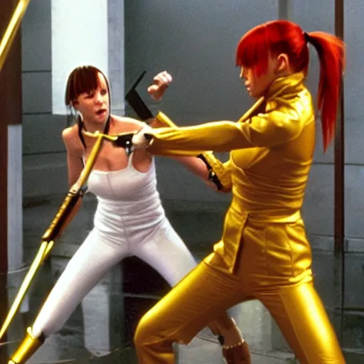 Image similar to leeloo from fifth element fighting beatrix kiddo from kill bill with mantis blades in cyberspace