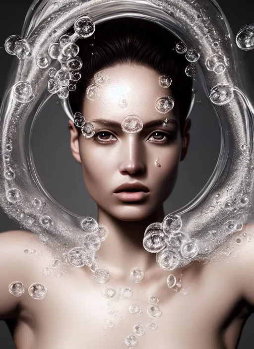 Prompt: a fierce nubile young woman with reflections in her eyes and slicked hair, intricate white bubbles and foam on her skin, elegant, graceful, fashionable, cinematic, hyperdetailed illustration by irakli nadar and alexandre ferra, intricate linework, faberge, ornamental, depth of field, global illumination,