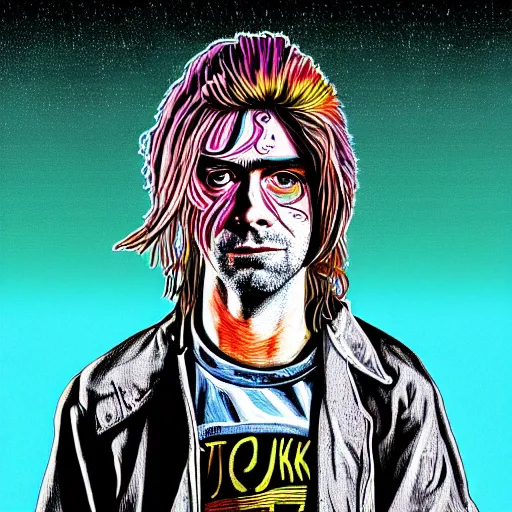 Image similar to graphic illustration, creative design, kurt cobain, biopunk, francis bacon, highly detailed, hunter s thompson, concept art, mixed media