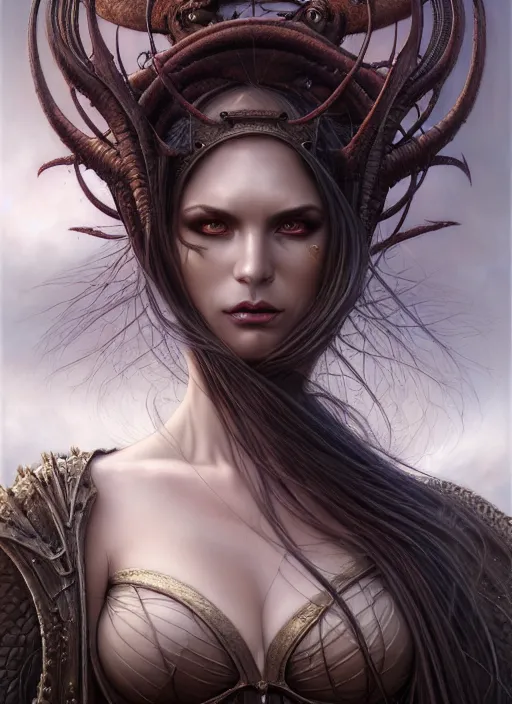 Image similar to closeup portrait shot of a succubus in a scenic dystopian environment, intricate, elegant, highly detailed, centered, digital painting, artstation, concept art, smooth, sharp focus, illustration, artgerm, tomasz alen kopera, peter mohrbacher, donato giancola, joseph christian leyendecker, wlop, boris vallejo