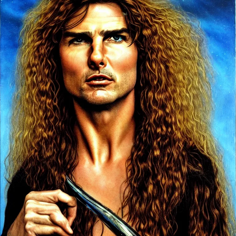 Image similar to Pre-Raphaelite portrait of Tom Cruise as the leader of a cult 1980s heavy metal band, with very long blond hair and grey eyes