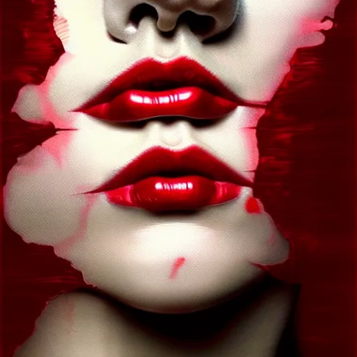Image similar to lips sewn shut surrounded by red curtains by Conrad Roset and Nicola Samuri, close-up shot, rule of thirds, seductive look, beautiful, intricate, dystopian, sci-fi, extremely detailed, digital painting, artstation, concept art, smooth, sharp focus, illustration, intimidating lighting, incredible art, details visible, very dark ambiance