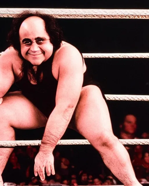 Image similar to portrait of danny devito as a professional wrestler. photographic, photography