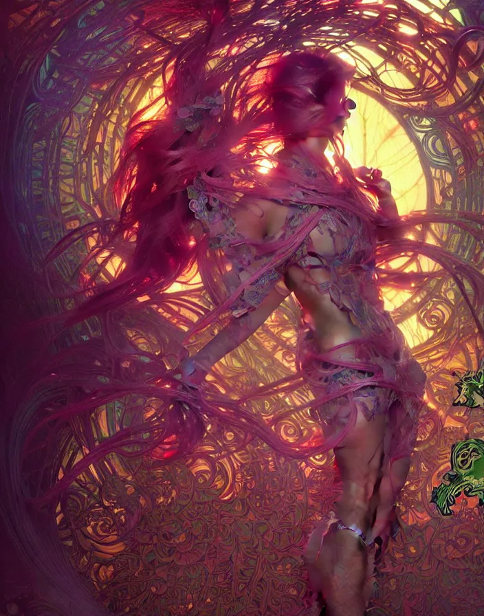 Prompt: psychedelic acid trip, blacklight reactive, fantasy, intricate, elegant, highly detailed, digital painting, artstation, concept art, matte, sharp focus, illustration, art by Artgerm and Greg Rutkowski and Alphonse Mucha