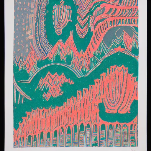 Image similar to a magical artifact from an hybrid culture displayed in an ethnographic museum / riso print