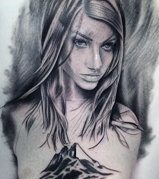 Image similar to realism tattoo sketch of liz katz face double exposure mountain scenery, in the style of matteo pasqualin, amazing detail, sharp, faded