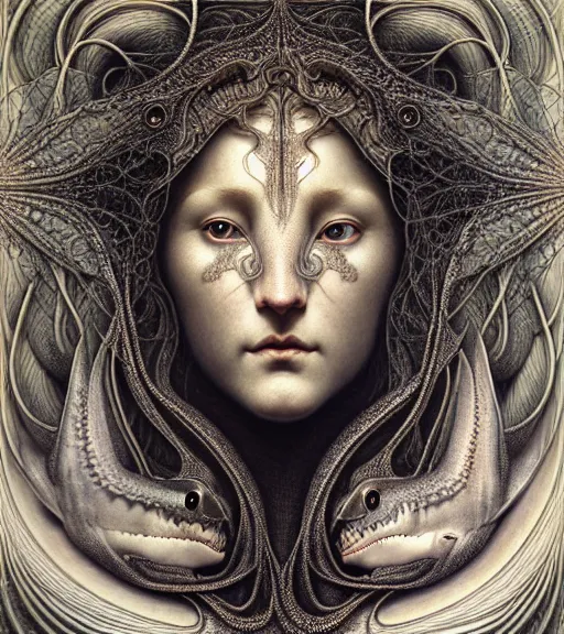 Image similar to detailed realistic beautiful shark goddess face portrait by jean delville, gustave dore, iris van herpen and marco mazzoni, art forms of nature by ernst haeckel, art nouveau, symbolist, visionary, gothic, neo - gothic, pre - raphaelite, fractal lace, intricate alien botanicals, ai biodiversity, surreality, hyperdetailed ultrasharp octane render