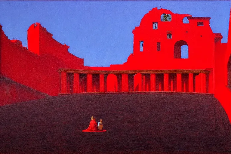 Image similar to only with red, a red great emperor, taormina amphitheatre, crowd with big smile, in the style of beksinski, parts by edward hopper, parts by rodcenko, parts by yue minjun, intricate and epic composition, red by caravaggio, insanely quality, highly detailed, masterpiece, red light, artstation, 4 k