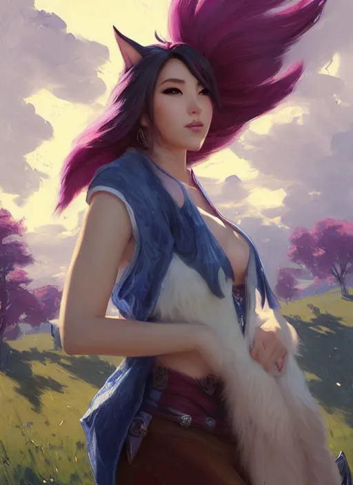 Image similar to portrait of Ahri from League of Legends after work, countryside, calm, fantasy character portrait, dynamic pose, above view, view from above, sunny day, thunder clouds in the sky, artwork by Jeremy Lipkin and Giuseppe Dangelico Pino and Michael Garmash and Rob Rey, very coherent symmetrical artwork, sharp edges, perfect face, simple form, 100mm