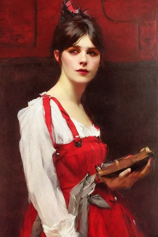 Image similar to Solomon Joseph Solomon and Richard Schmid and Jeremy Lipking victorian genre painting full length portrait painting of a young beautiful woman traditional german french barmaid in fantasy costume, red background