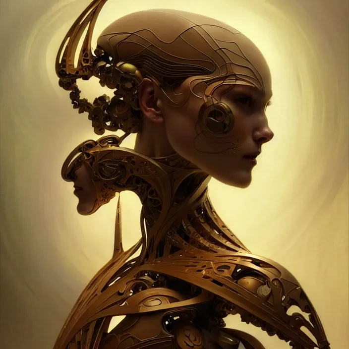 Image similar to organic cyborg, japanese wood carving, diffuse lighting, fantasy, elegant, lifelike, photorealistic, digital painting, artstation, illustration, concept art, smooth, sharp focus, art by John Collier and Albert Aublet and Krenz Cushart and Artem Demura and Alphonse Mucha