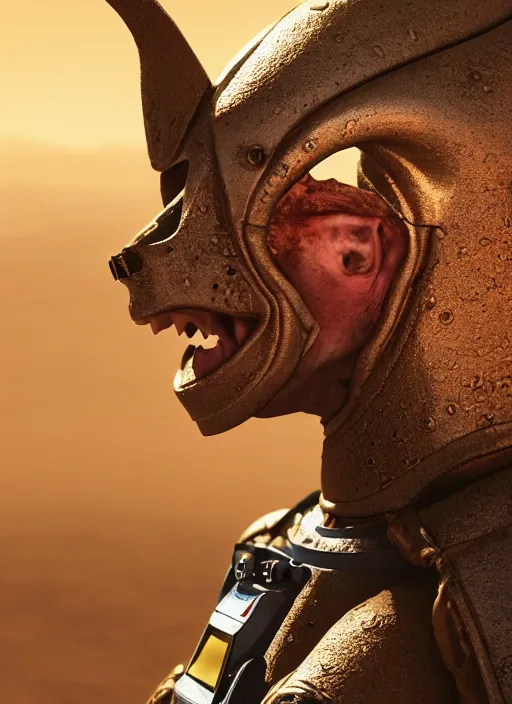 Image similar to closeup portrait of a medieval goblin wearing a spacesuit on mars, depth of field, zeiss lens, detailed, symmetrical, centered, fashion photoshoot, by annie leibovitz and steve mccurry, david lazar, jimmy nelsson, breathtaking, 8 k resolution, extremely detailed, beautiful, establishing shot, artistic, hyperrealistic, beautiful face, octane render