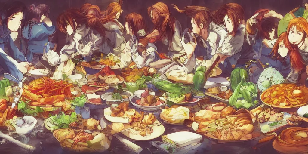 Prompt: A feast for the Dragonwarrior 9 group, very detailed, anime, Delicious, Plump, Juicy, Hot Food, large white border, hd, 8k, Unreal Engine 5, high resolution print :1 by Hayao Miyazaki, Nausicaa, studio Ghibli style, Anime wallpaper, cell shading, trending on deviant art :1