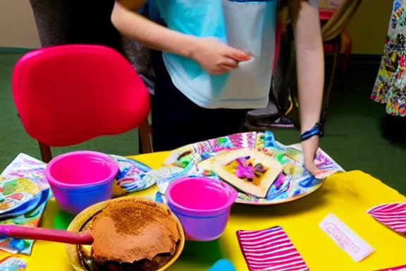 Image similar to a dead body on the table at a kids birthday party