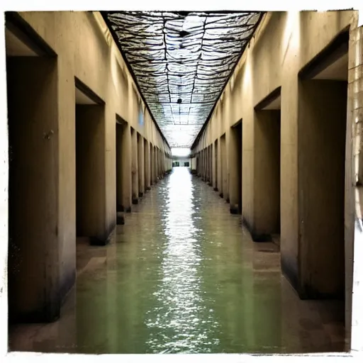 Prompt: a long endless hallway with shallow water at the bottem of it, liminal,