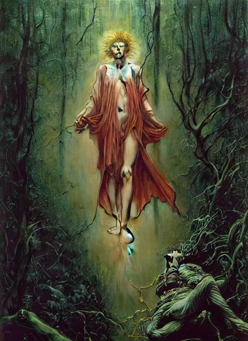 Prompt: realistic detailed image of a boy wandering in a deep forest, beautiful angel guarding and comforting him by Ayami Kojima, Amano, Karol Bak, Greg Hildebrandt, and Mark Brooks, Neo-Gothic, gothic, rich deep colors. Beksinski painting, part by Adrian Ghenie and Gerhard Richter. art by Takato Yamamoto. masterpiece by Francis Bacon.