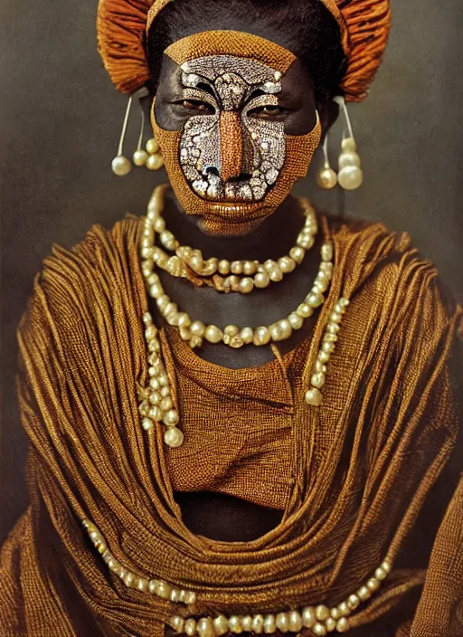 Image similar to hyperrealism, detailed textures, award winning autochrome african colonial 1 9 0 5 photo, symetrical japanese geisha, autochrome pearl portrait, pearl silverplate, intricate, detailed facial pearl scary animal mask, pearl, golden jewelery, silverplate, ultra realistic, cinematic, intricate, cinematic light by steve mccurry, unreal engine 8 k